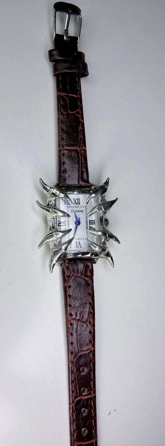Spiked brown faux leather watch