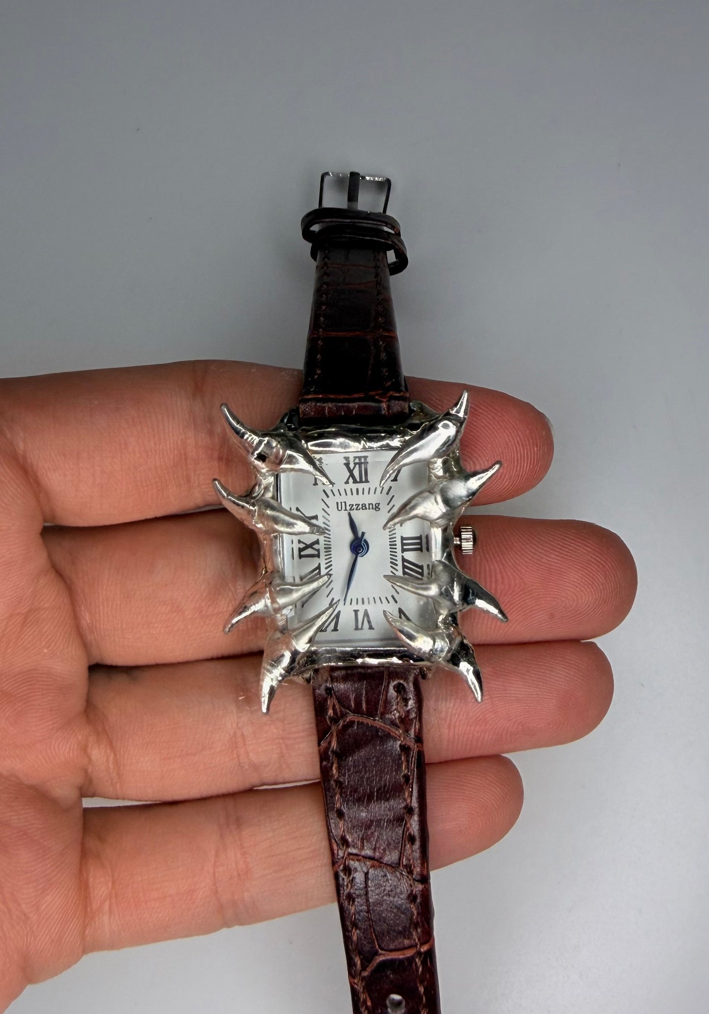 Spiked brown faux leather watch
